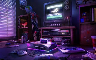 Картинка Retro, Technology, Gaming console, Gaming room, Aesthetic interior, ASUS ROG, Republic of Gamers, Cozy