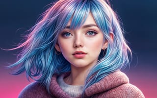 Картинка Fantasy, Blue eyes, AI art, Blue hair, Asian Girl