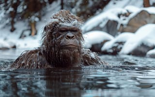 Картинка Вода, Существо, Йети, Бигфут, Морда, Снежный человек, ИИ-арт, Цифровое искусство