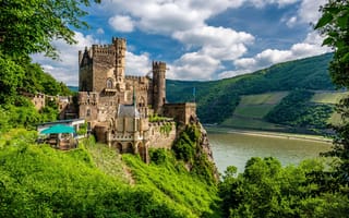 Картинка summer, river, Rhein, castle, Germany, Rheinstein Castle