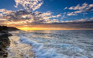 Картинка волны, небо, пейзаж, вода, природа, облака, закат, океан