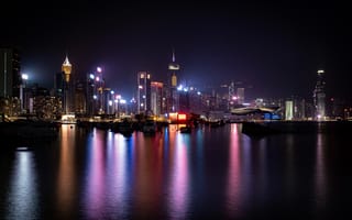 Картинка Гонконг, огни ночного города, Китай море