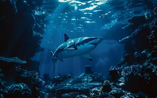 Картинка Акула, Хищник, ИИ-арт, Цифровое искусство, Искусство искусственного интеллекта, Нейросеть, Коралл, Подводный мир