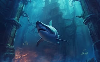 Картинка Акула, Развалины, ИИ-арт, Цифровое искусство, Подводный мир, Искусство искусственного интеллекта, Нейросеть, Хищник
