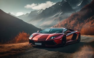 Картинка Lamborghini, Cars, Autumn, AI art, Lamborghini Aventador, Roadway, Autumn Scenery, Orange aesthetic