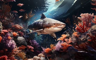 Картинка Рыбы, Акула, Подводный мир, Искусство искусственного интеллекта, Коралл, Хищник, ИИ-арт, Цифровое искусство