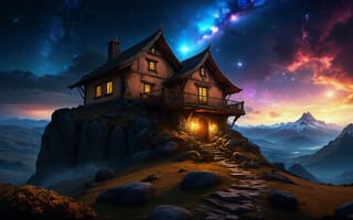 Картинка Fantasy, Surreal, Mountain Peak, Dreamlike, Wooden House