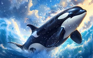 Картинка Касатка, Волны, Нейросеть, Искусство искусственного интеллекта, Прыжок, Цифровое искусство, ИИ-арт