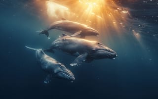 Картинка Киты, Подводный мир, Трое, Цифровое искусство, Нейросеть, ИИ-арт, Лучи Солнца, Искусство искусственного интеллекта