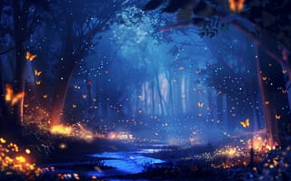 Картинка Природа, Красота, Magical forest, Nature, Fairies, Butterfly, Night