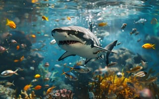Картинка Акула, Рыбки, Нейросеть, Цифровое искусство, Подводный мир, Искусство искусственного интеллекта, Хищник, ИИ-арт