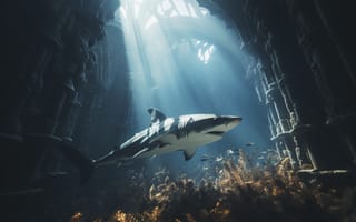 Картинка Акула, Здание, Искусство искусственного интеллекта, ИИ-арт, Подводный мир, Хищник, Нейросеть, Цифровое искусство
