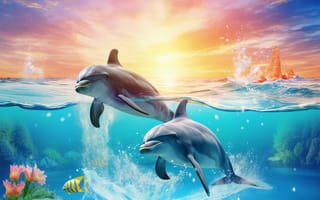 Картинка Вода, Двое, Цифровое искусство, Нейросеть, ИИ-арт, Дельфины, Подводный мир, Искусство искусственного интеллекта