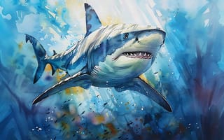 Картинка Акула, Хищник, Нейросеть, Цифровое искусство, ИИ-арт, Искусство искусственного интеллекта, Имитация живописи, Подводный мир