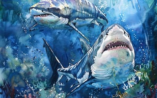 Картинка Двое, Подводный мир, Хищники, Акулы, ИИ-арт, Коралл, Цифровое искусство, Искусство искусственного интеллекта
