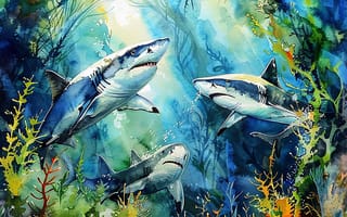 Картинка Подводный мир, Трое, Цифровое искусство, Акулы, Искусство искусственного интеллекта, ИИ-арт, Водоросли, Хищники