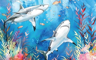 Картинка Рыбы, Двое, Водоросли, ИИ-арт, Подводный мир, Хищники, Акулы, Цифровое искусство
