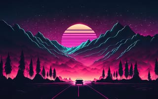 Картинка Sunset, Neon, Synthwave, Mountains, Highway, Outrun, Retrowave, AI art