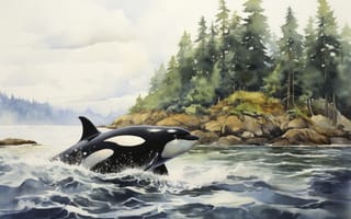 Картинка Море, Касатка, Имитация живописи, ИИ-арт, Нейросеть, Искусство искусственного интеллекта, Цифровое искусство, Деревья
