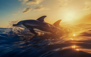 Картинка Вода, Море, Двое, Дельфины, Цифровое искусство, Рассвет, Прыжок, ИИ-арт