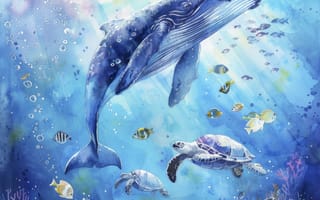 Картинка Рыбы, Кит, Цифровое искусство, ИИ-арт, Искусство искусственного интеллекта, Черепахи, Подводный мир, Коралл