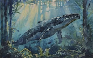 Картинка Рыбы, Кит, Цифровое искусство, Нейросеть, Искусство искусственного интеллекта, Подводный мир, ИИ-арт, Водоросли