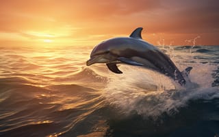 Картинка Вода, Море, Волны, Рассвет, Цифровое искусство, ИИ-арт, Дельфин, Прыжок