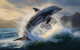 Картинка Море, Горы, Искусство искусственного интеллекта, Цифровое искусство, Волны, ИИ-арт, Дельфин, Прыжок