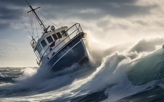 Картинка Море, Корабль, Волна, Нейросеть, Шторм, ИИ-арт, Искусство искусственного интеллекта, Цифровое искусство