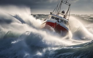 Картинка Море, Волны, Цифровое искусство, Нейросеть, Корабль, Шторм, Искусство искусственного интеллекта, ИИ-арт