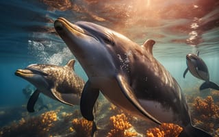 Картинка Дельфины, Подводный мир, ИИ-арт, Цифровое искусство, Искусство искусственного интеллекта, Нейросеть, Коралл