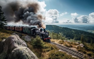 Картинка Деревья, Дым, Искусство искусственного интеллекта, ИИ-арт, Камни, Железная дорога, Цифровое искусство, Паровоз
