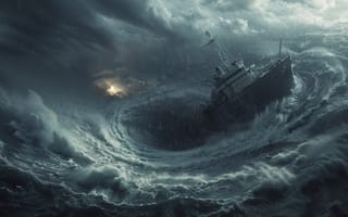 Картинка Вода, Облака, Море, Ураган, ИИ-арт, Водоворот, Тучи, Корабль