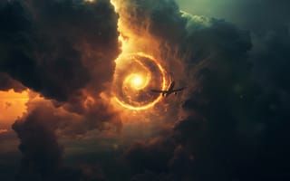 Картинка Облака, Самолет, Бермудский треугольник, Тучи, Портал, ИИ-арт, Искусство искусственного интеллекта, Нейросеть