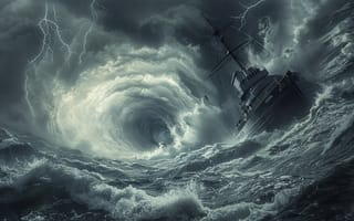 Картинка Море, Молния, Волна, Портал, Тучи, Цифровое искусство, Корабль, ИИ-арт