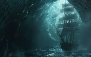 Картинка Море, Корабль, Парусник, ИИ-арт, Искусство искусственного интеллекта, Волна, Цифровое искусство, Портал