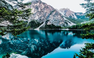 Картинка небо, снег, деревья, горы, пейзаж, воды, природа, гора