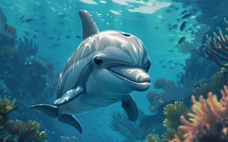 Картинка Рыбы, Дельфин, Искусство искусственного интеллекта, Цифровое искусство, Нейросеть, Подводный мир, Коралл, ИИ-арт