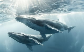Картинка Киты, Двое, Лучи Солнца, Цифровое искусство, ИИ-арт, Подводный мир, Нейросеть, Искусство искусственного интеллекта