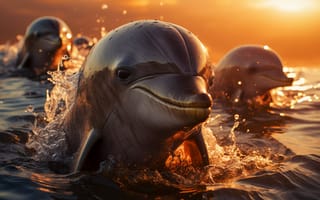 Картинка Вода, Морда, Трое, Цифровое искусство, Дельфины, Нейросеть, ИИ-арт, Искусство искусственного интеллекта