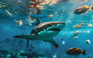 Картинка Рыбы, Акула, Хищник, Морда, Подводный мир, ИИ-арт, Цифровое искусство, Искусство искусственного интеллекта