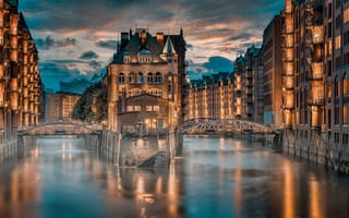 Картинка ночь, город, огни, река