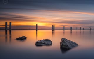 Картинка море, вода, камни, закат, пейзажи