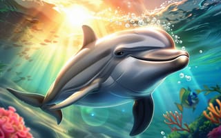 Картинка Дельфин, Подводный мир, Лучи Солнца, Коралл, Цифровое искусство, ИИ-арт, Нейросеть, Искусство искусственного интеллекта