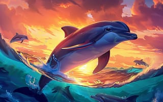 Картинка Море, Прыжок, Нейросеть, Искусство искусственного интеллекта, Цифровое искусство, ИИ-арт, Рассвет, Дельфины