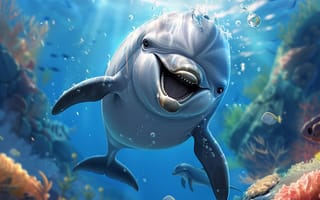 Картинка Дельфин, Морда, Искусство искусственного интеллекта, Подводный мир, Коралл, Цифровое искусство, ИИ-арт, Спереди
