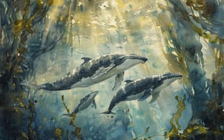 Картинка Киты, Подводный мир, Водоросли, Трое, Нейросеть, Искусство искусственного интеллекта, ИИ-арт, Цифровое искусство