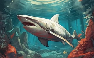 Картинка Камни, Акула, Хищник, Цифровое искусство, Нейросеть, Искусство искусственного интеллекта, Подводный мир, ИИ-арт