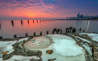 Картинка sunrise, Michigan, Beach, ice, Lake, Fullerton, water, Chicago