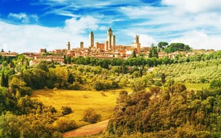 Картинка landscape, nature, old, landmark, medieval, italy, meadow, panorama